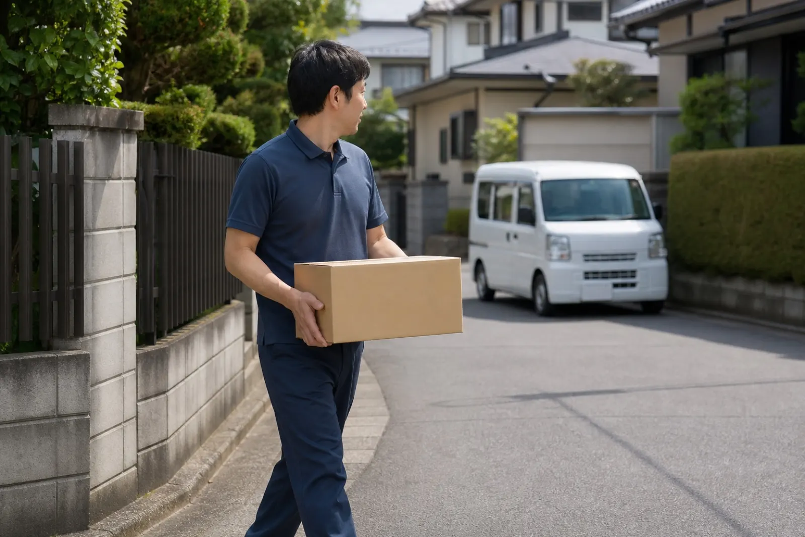 住宅街で荷物を届けるドライバー