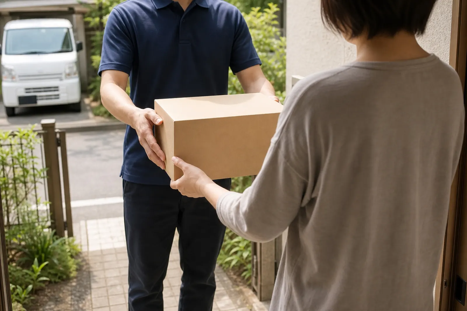 玄関先で荷物をお渡しするところ
