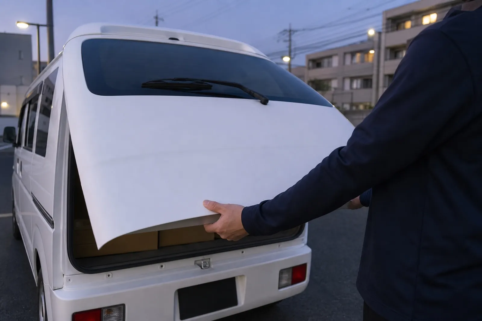 夕方、1日の配送を終えるところ
